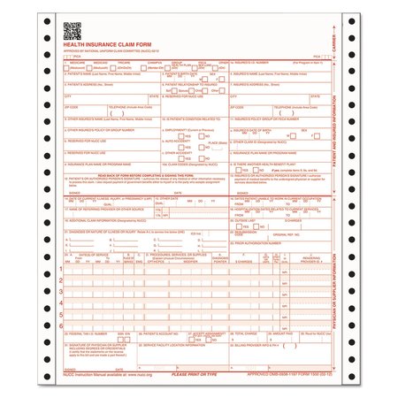 ADAMS BUSINESS FORMS CMS Health Insurance Claim Form, Three-Part Carbonless, 9.5 x 11, 1/Page, Continuous, 100PK CMS1500CV